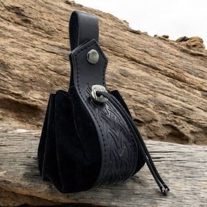 Medieval Renaissance Belt Pouch Black Faux Leather Purse Drawstring Bag Unisex